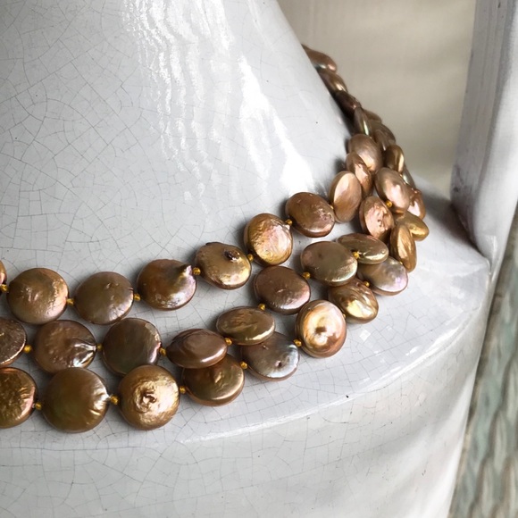 🍀 Three Strand Bronze Coin Pearl Necklace - Picture 3 of 7
